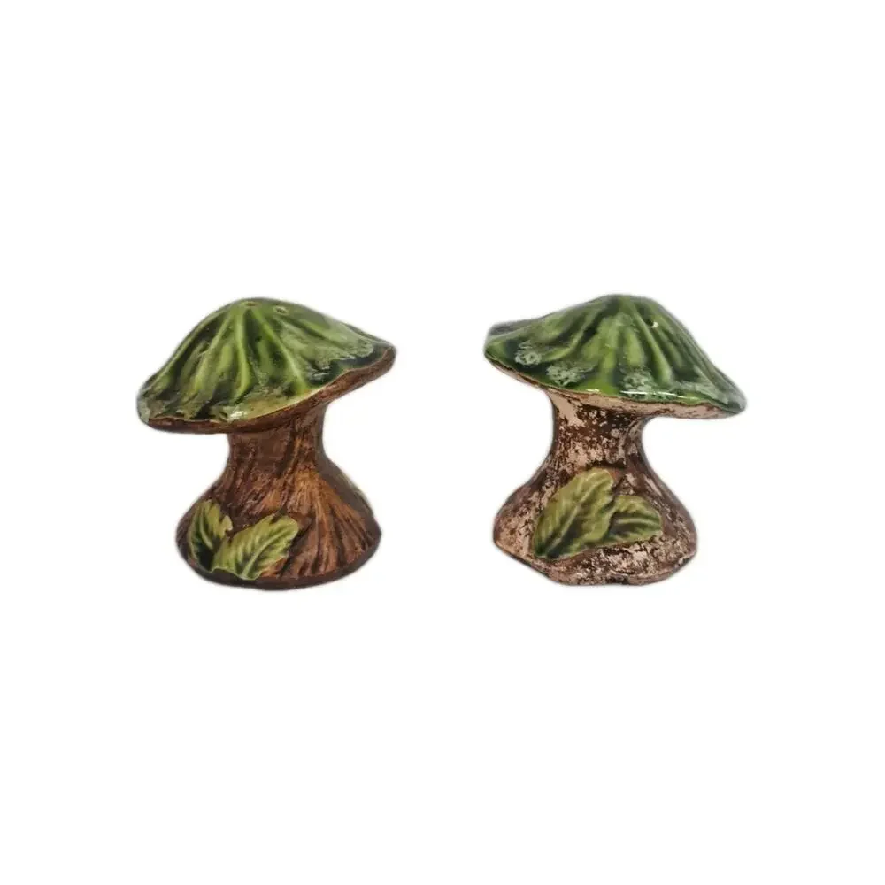 Vintage Mushroom Salt & Pepper Shakers Green Brown Fungi 2.5